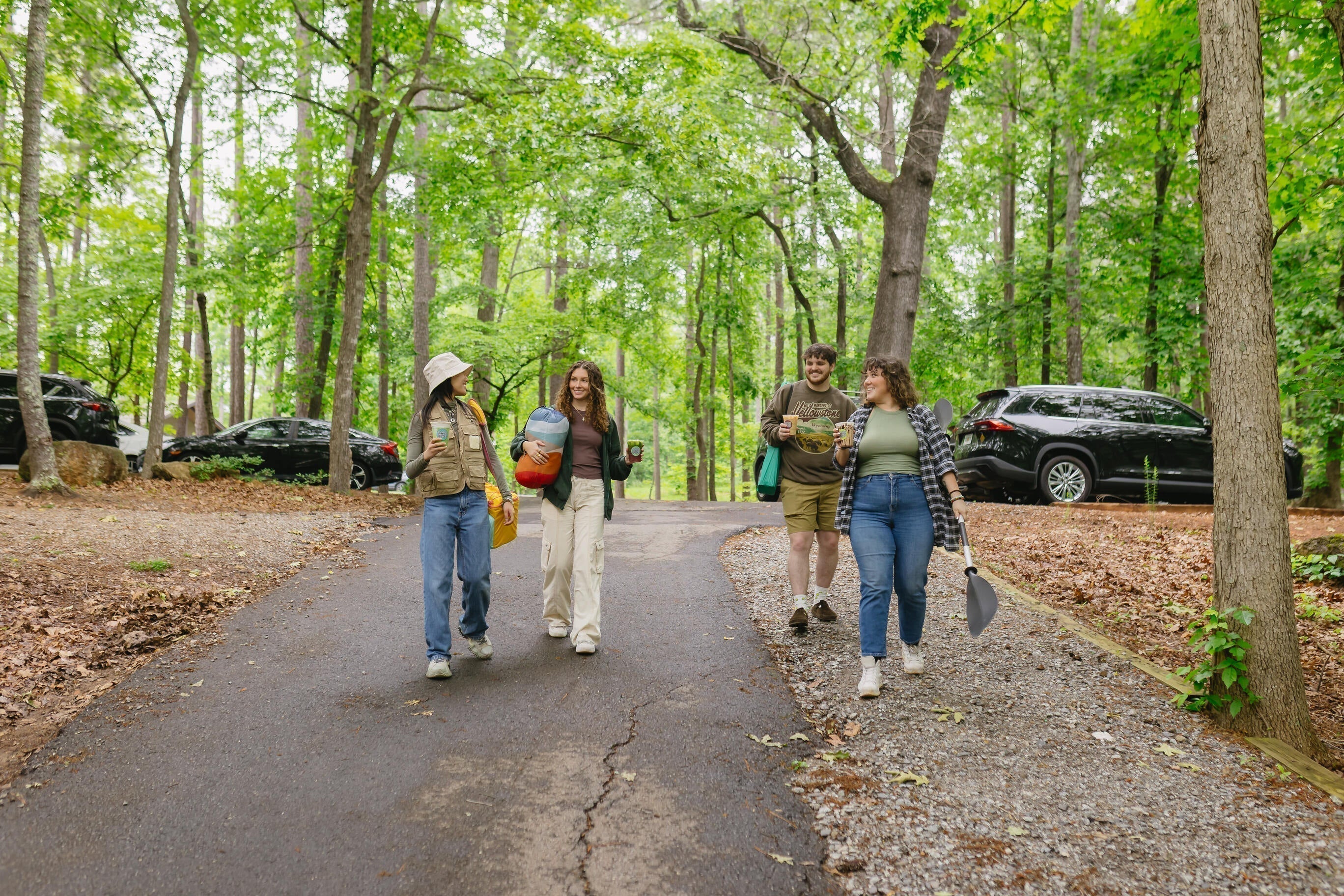 People walking in a campground setting