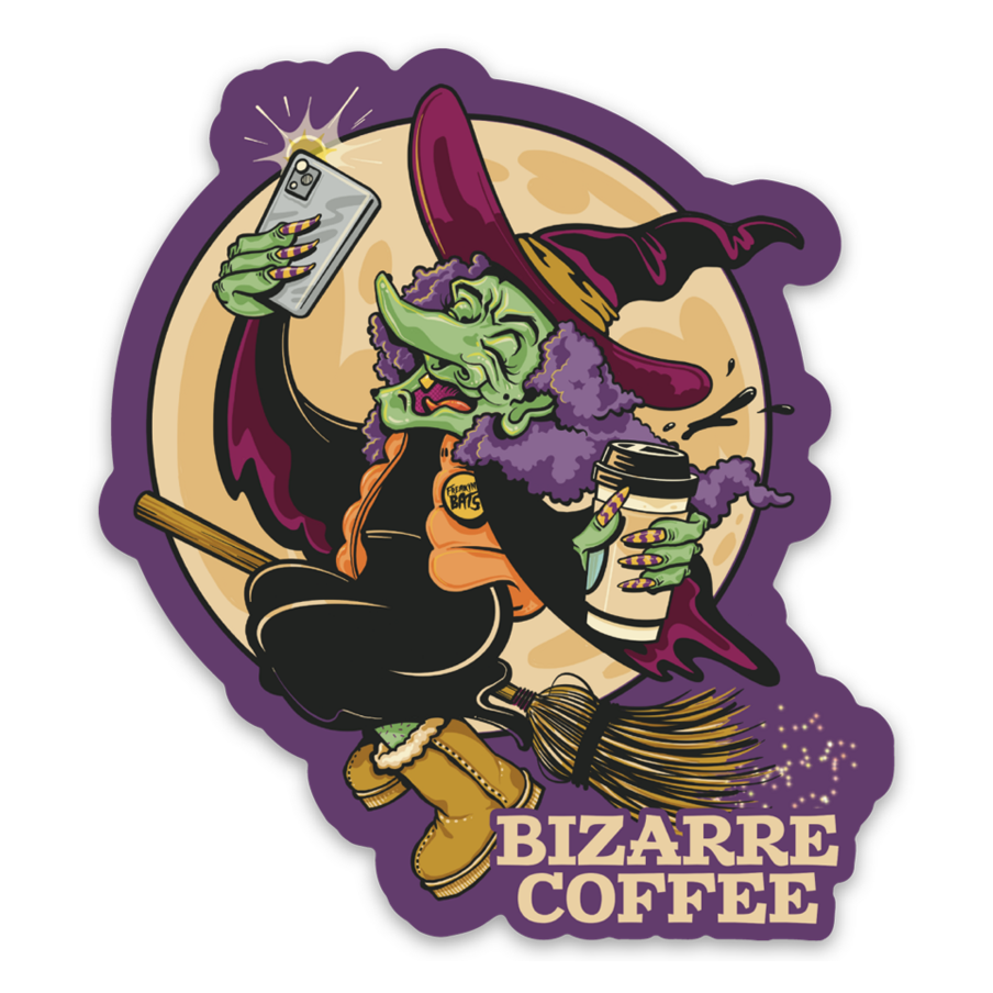 A custom designed sticker featuring a witch, taking a selfie while on a broom holding coffee.