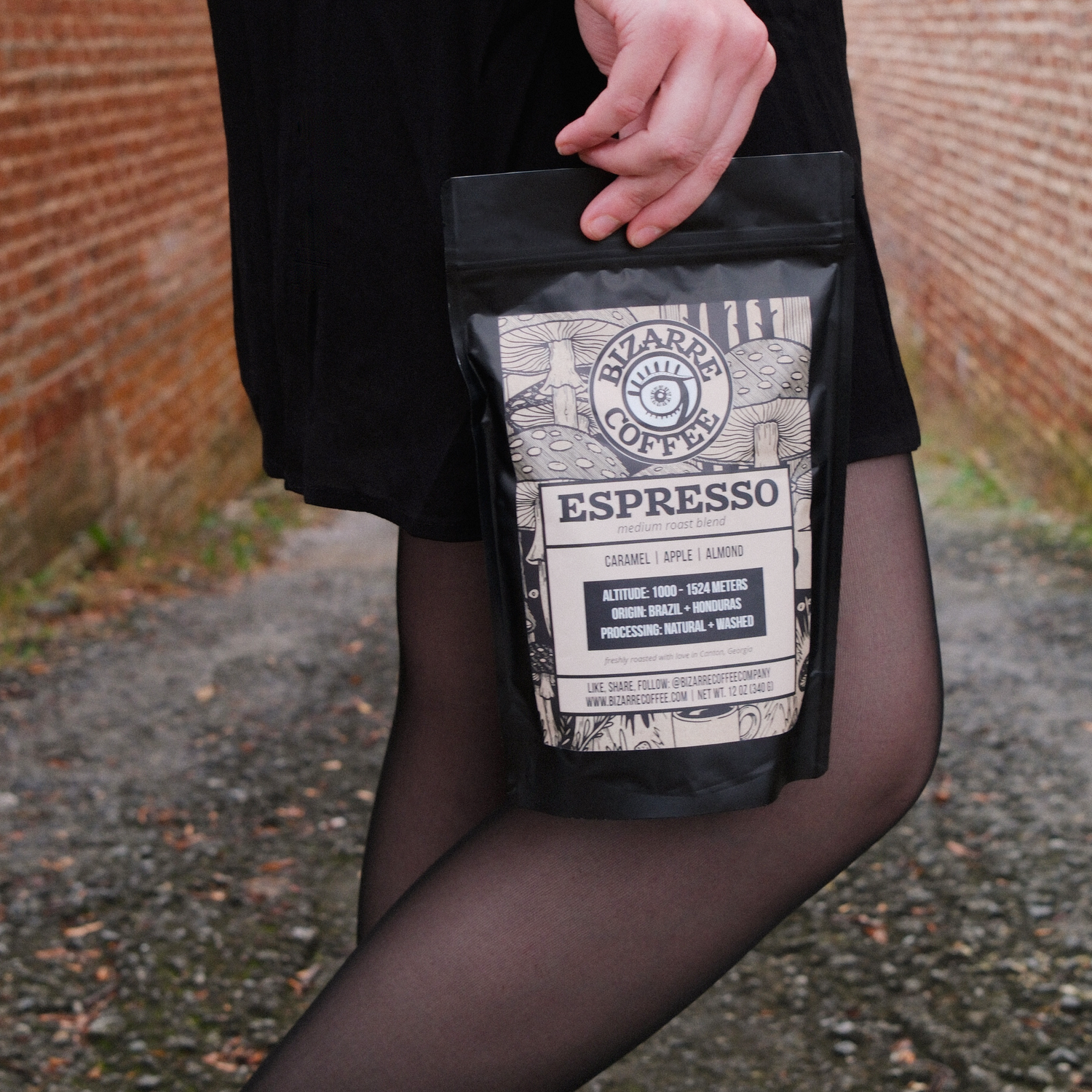 Person holding a package of Espresso coffee with a brick wall background