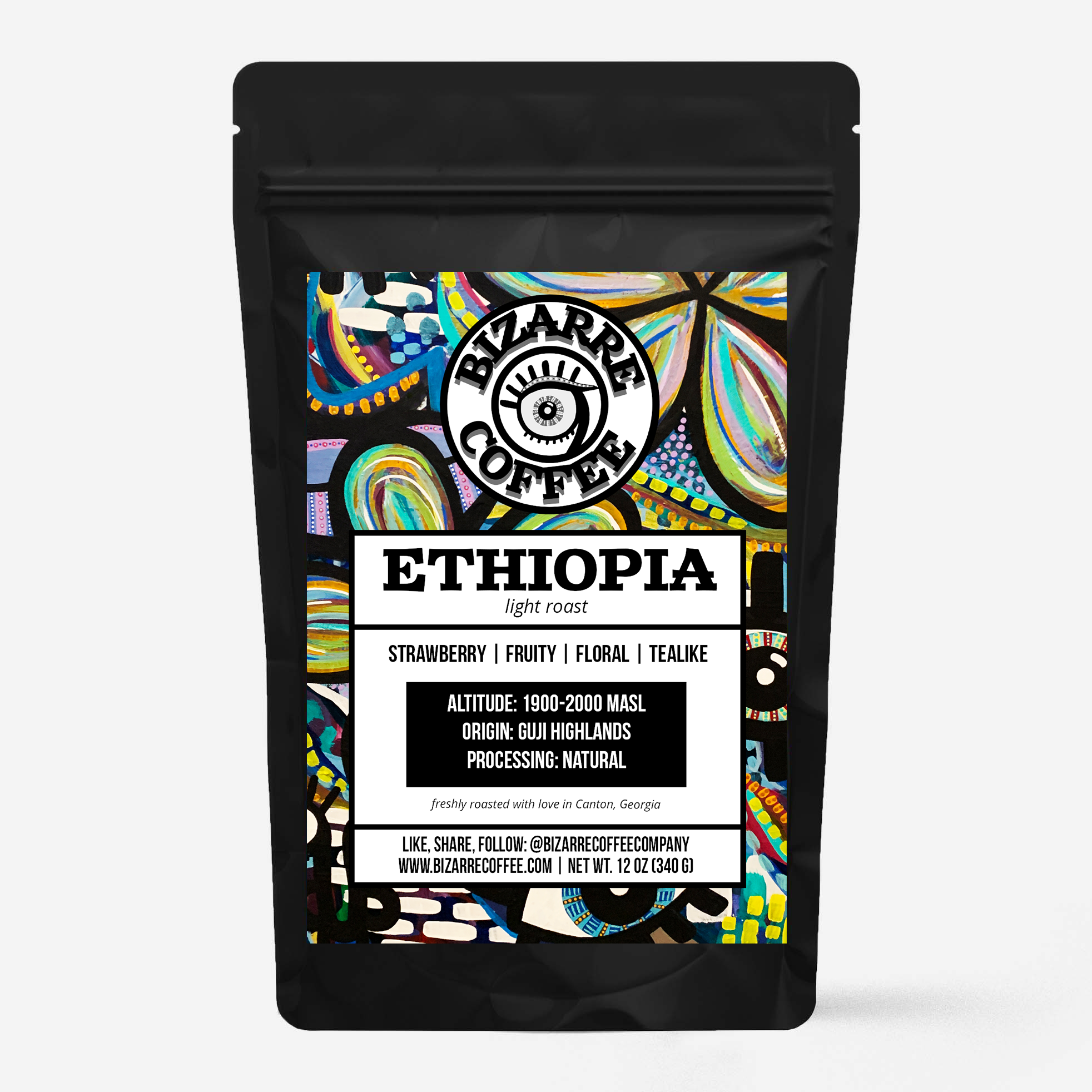     A bag of Bizarre Coffee Ethiopian light roast coffee. Tasting notes: strawberry, fruity, floral, tealike.