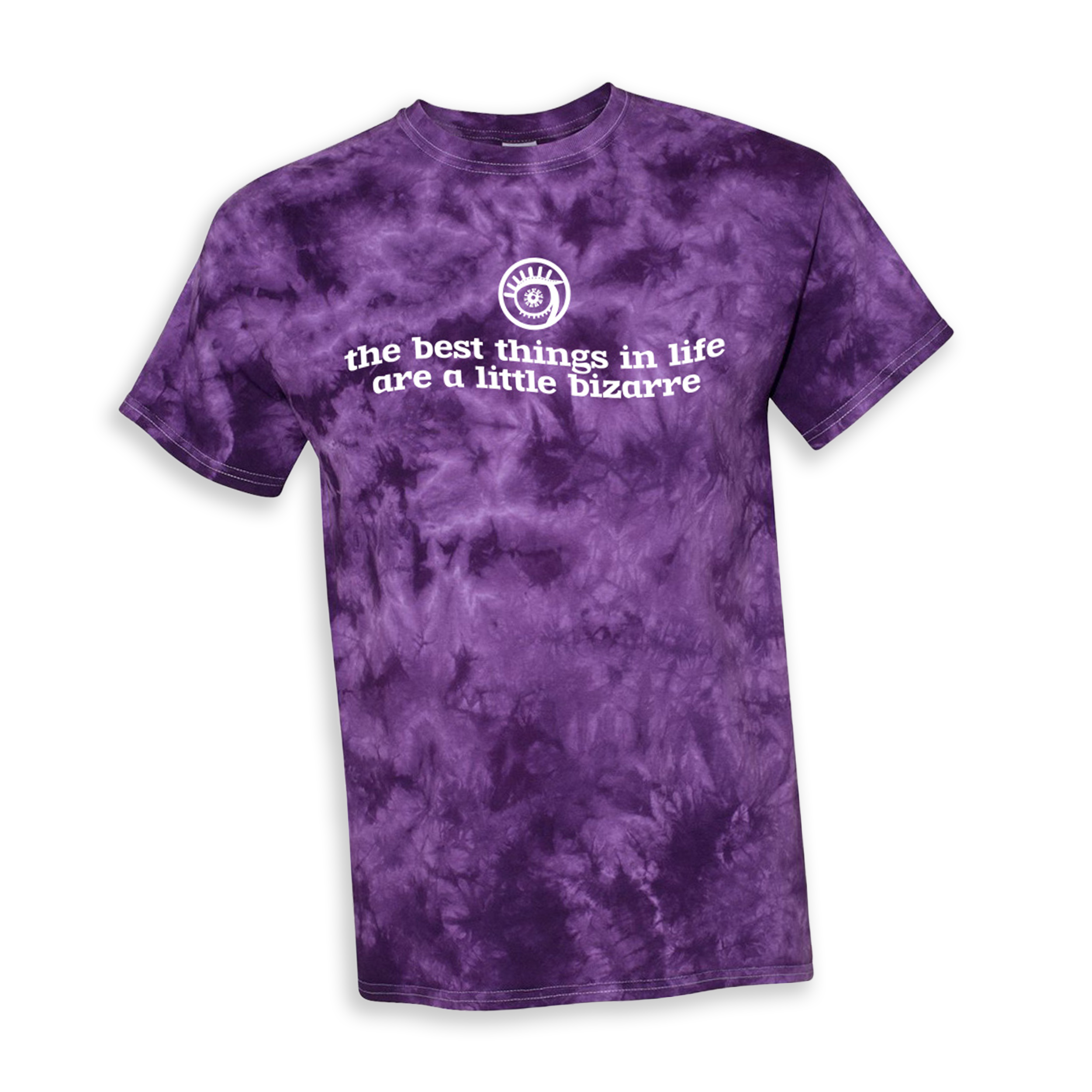 A purple tie-dye t-shirt that has the Bizarre Coffee logo and says "the best things in life are a little bizarre."