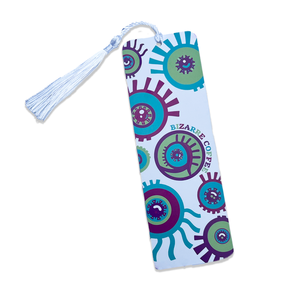 A Bizarre Coffee bookmark with an eyeball design.