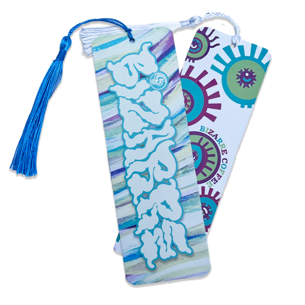 Two different bookmarks. One says Bizarre and the other features an eyeball design.