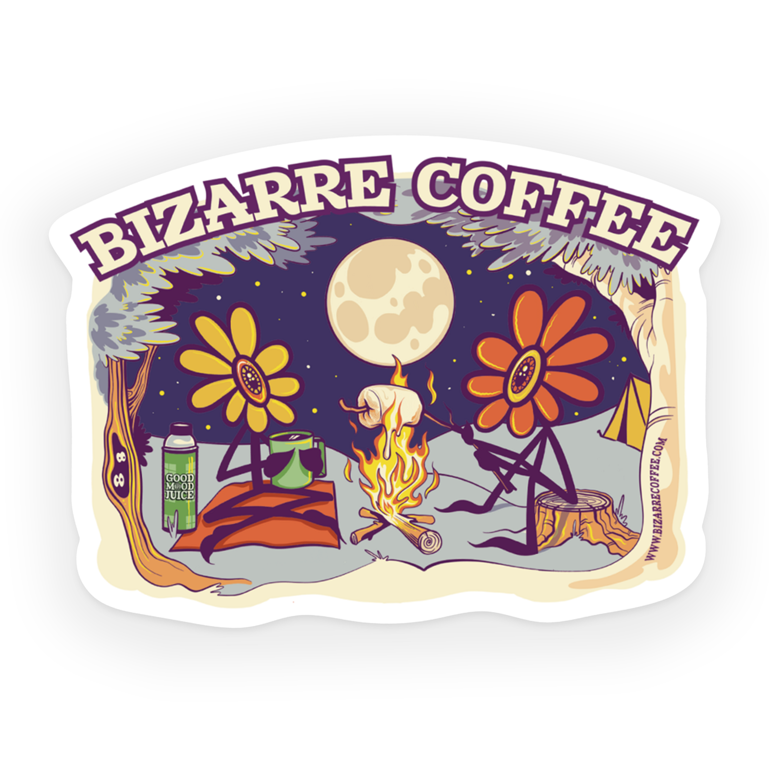 A custom designed Bizarre Coffee sticker featuring two flowers roasting marshmallows while sipping coffee.
