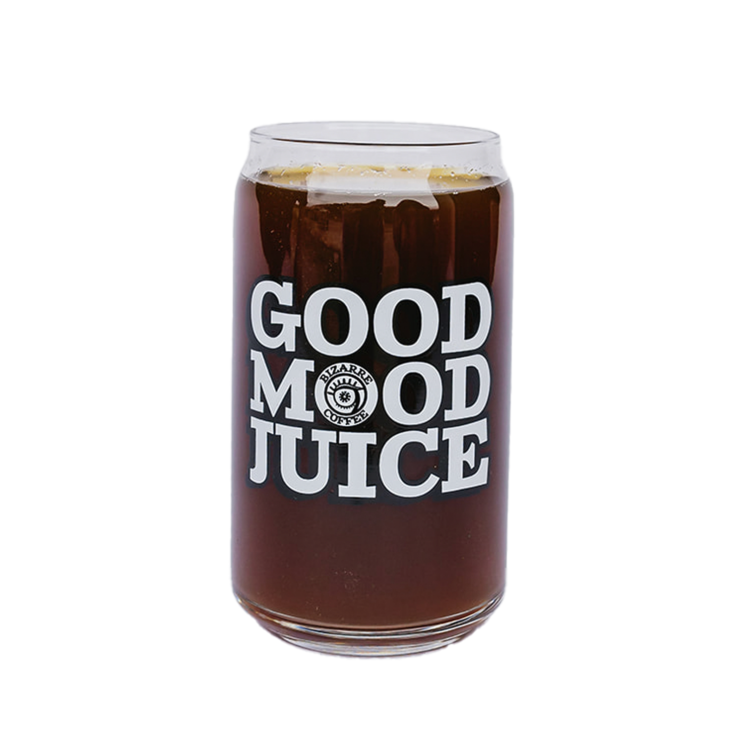 A beer can-style glass that says Good Mood Juice.