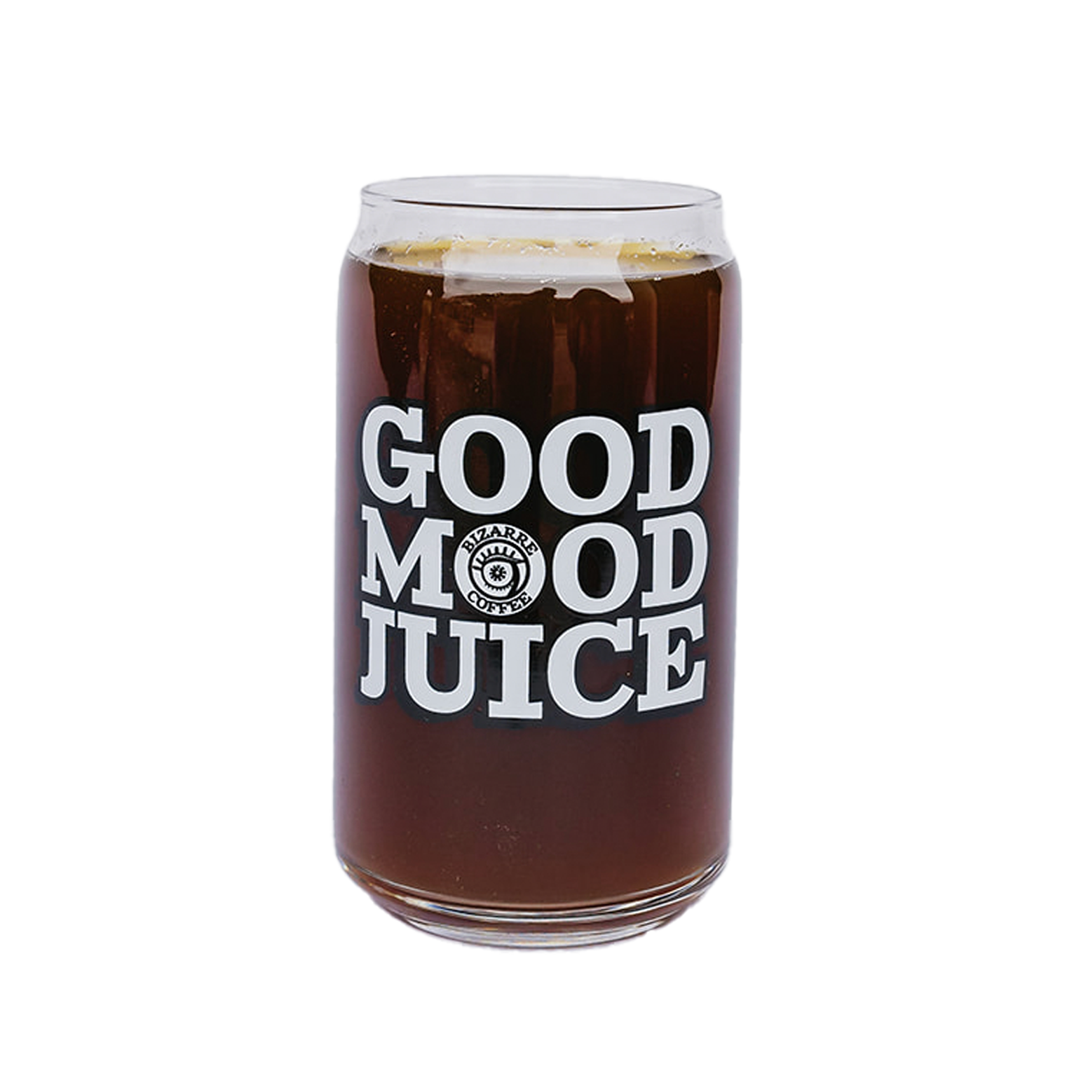 A beer can-style glass that says Good Mood Juice.