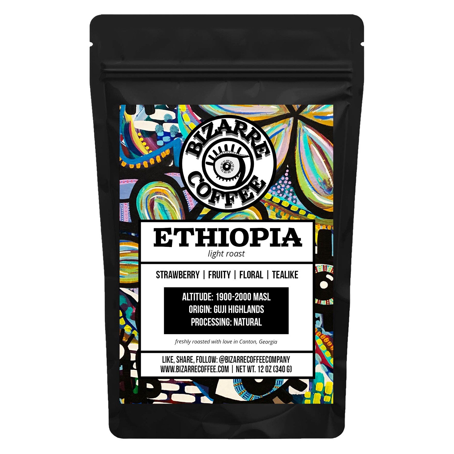 A bag of Bizarre Coffee Ethiopian light roast coffee. Tasting notes: strawberry, fruity, floral, tealike. 