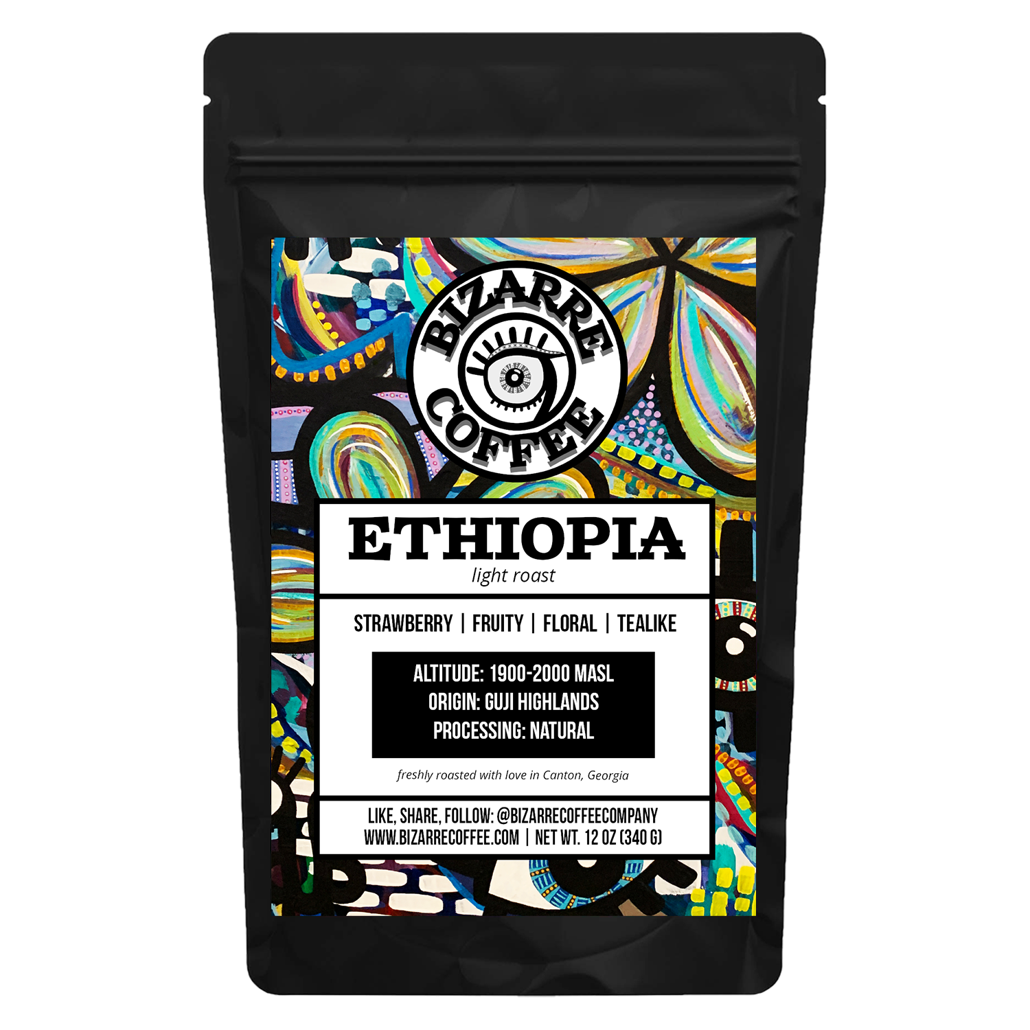 A bag of Bizarre Coffee Ethiopian light roast coffee. Tasting notes: strawberry, fruity, floral, tealike.