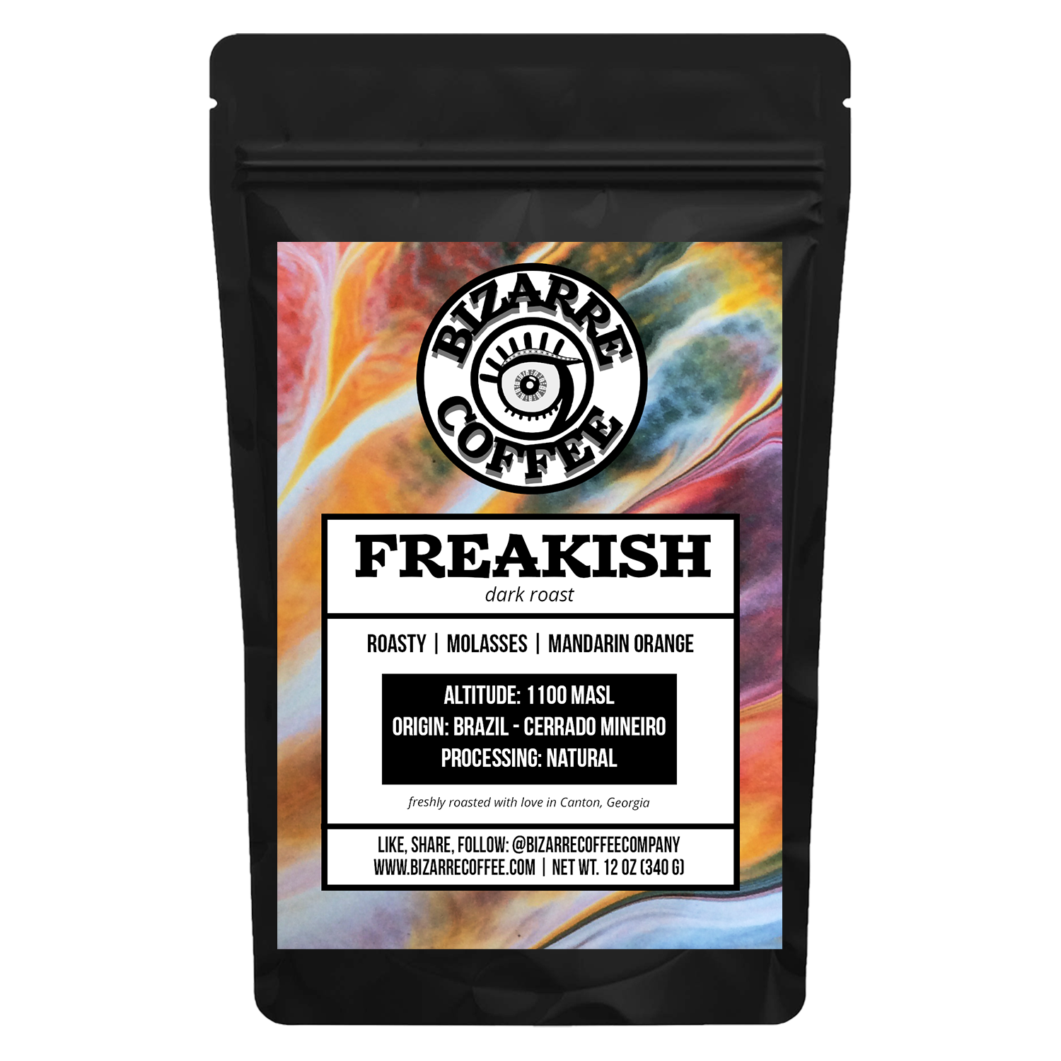 A bag of Bizarre Coffee Freakish dark roast coffee. Tasting notes: roasty, molasses, mandarin orange.