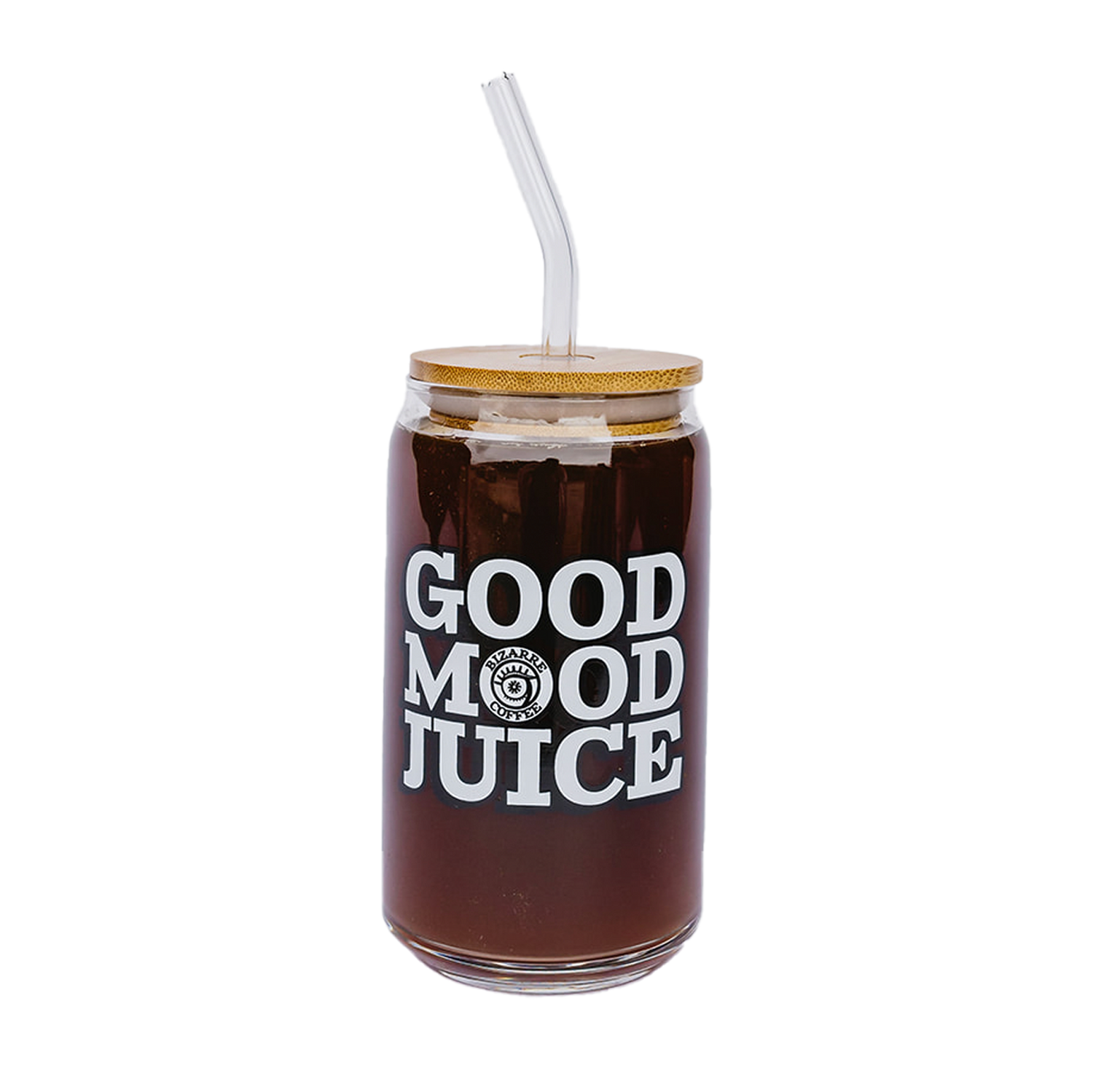 A glass cup that says Good Mood Juice and has a bamboo lid with a glass straw.