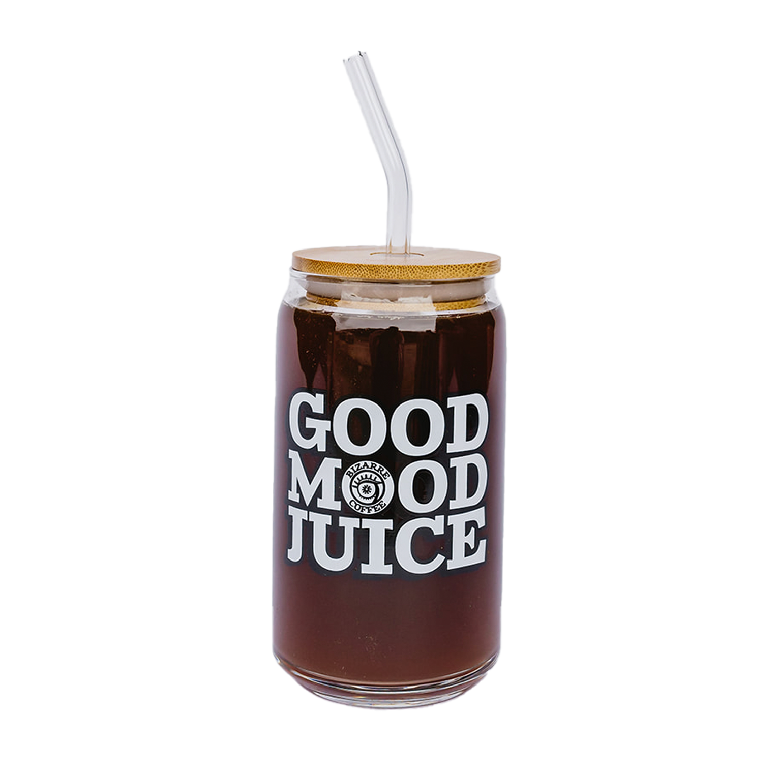 A glass cup that says Good Mood Juice and has a bamboo lid with a glass straw.