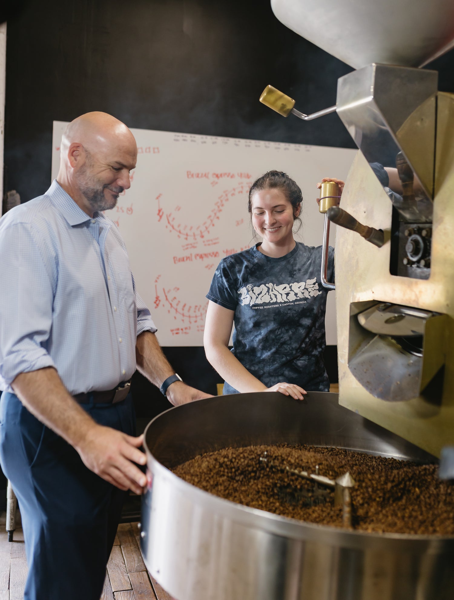 Morgan and Jeff Taylor Roasting Coffee at Bizarre Coffee