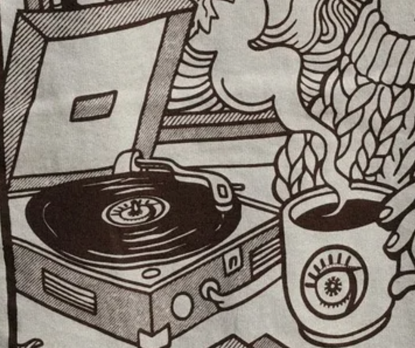 Illustration of a record player and a steaming mug with steam rising, set against a patterned background.